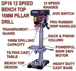 Lumberjack Bench Top 12 Speed Pillar Drill Press Cast Table 16 mm Chuck 230v