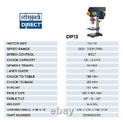 Scheppach DP13 Bench Drill Press Pillar 5 speed 350W 13mm Keyless Chuck 240v